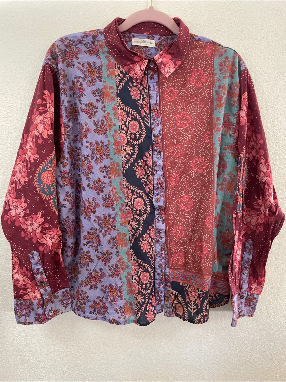 NATURAL LIFE Patchwork Floral Button-Down Shirt 100%cotton L 25x25 boho
